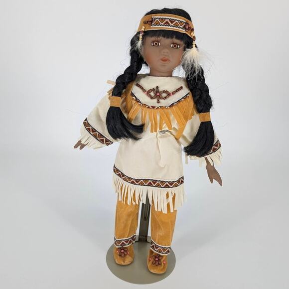 Vintage Ashley Bell Porcelain Native American Indian Doll with Baby and Stand